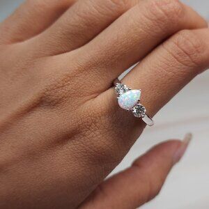Created Opal & Lab Grown Diamond Pear Round ring .925 Sterling Silver